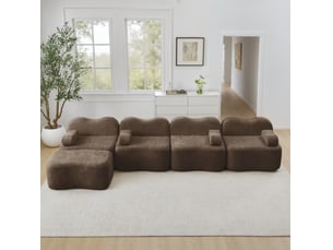 Canapé modulable 4 places 384x167x70 cm, dossier ondulé, mousse 32d, 1 pouf, velours, marron