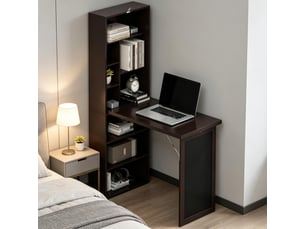 Bureau mural rabattable avec bibliothèque et tableau noir, étagères réglables, mdf et bois de pin, 98x51x153 cm, noir et marron