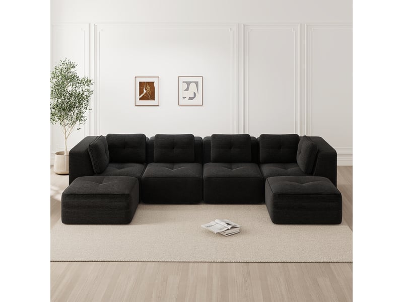  Canapé d'angle modulable sans montage, base antidérapante et accoudoirs larges, en velours côtelé noir  - Conforama C