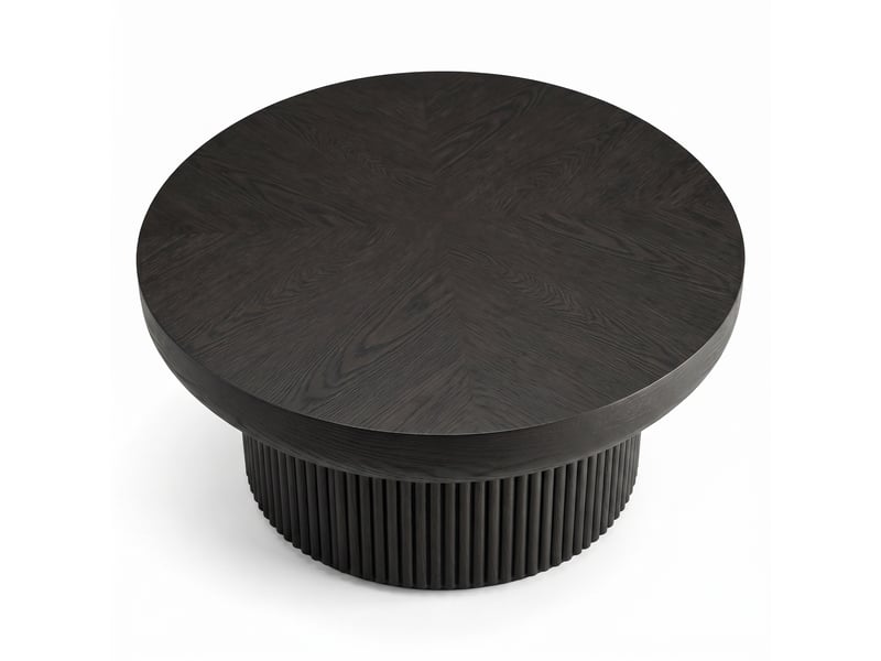  Table basse ronde 78 cm, style moderne, bois noir, plateau parquet, base cylindrique rainurée  - Conforama D