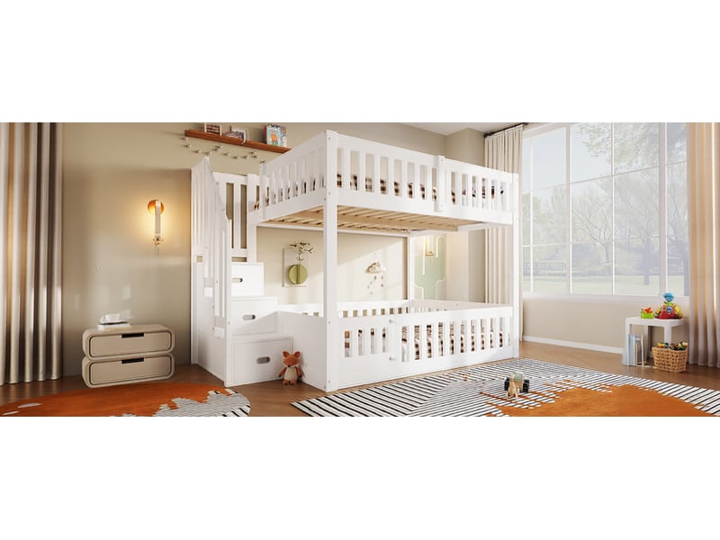  Lit superposé 140x200 cm blanc pin et mdf avec échelle rangement et garde-corps Sol Morn - Conforama E