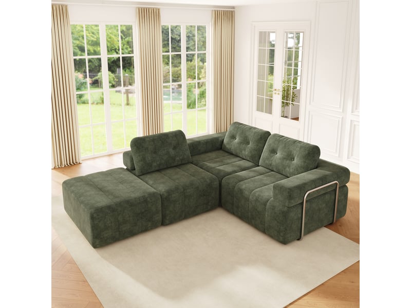 Canapé d’angle modulable 4 places en chenille vert, 258 × 165 × 79 cm IKSETERA TRADING LTD - Conforama D