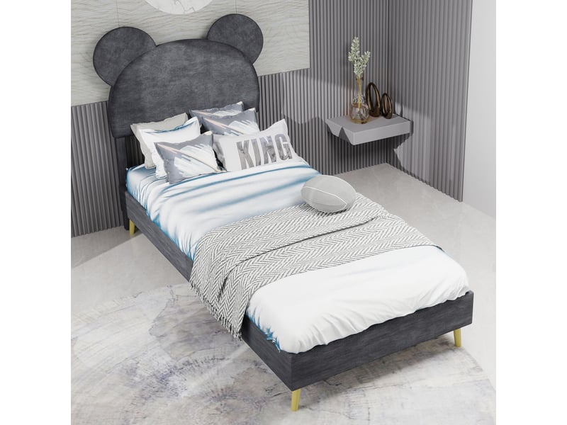  Lit rembourré 90x200 cm tête de lit dessin animé ludique - lit enfant - tissu gris doux cadre en métal design moderne minimaliste  - Conforama B