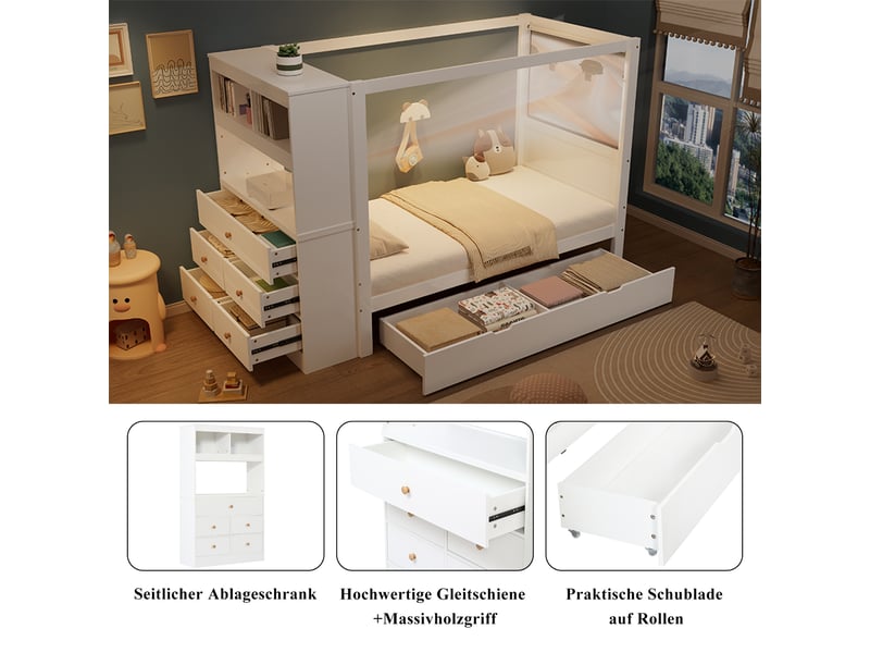 Lit enfant 200×90 cm avec barrières de protection, rangement et 5 tiroirs, sans matelas, blanc  - Conforama E