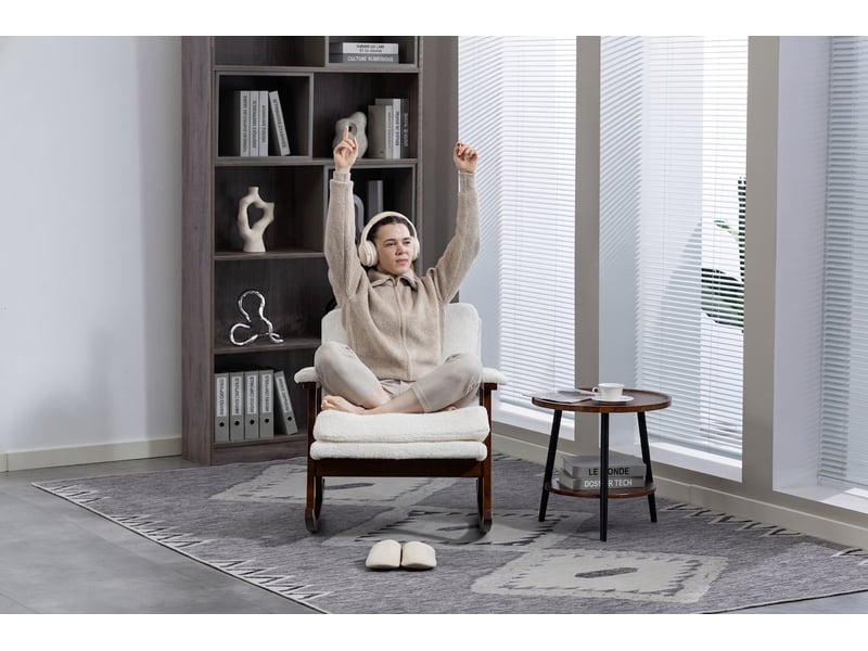  Fauteuil à bascule en velours blanc cadre en bois style mid-century fauteuil de lecture pour chambre  - Conforama E