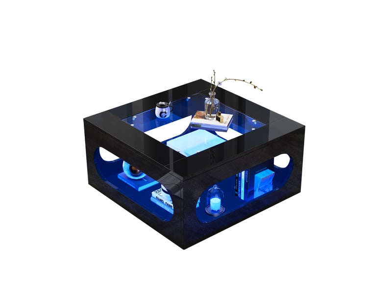  Table basse carrée 70x70x35 cm avec led, plateau en verre, design évidé au milieu, pour salon, contemporain, mdf, noir  - Conforama A