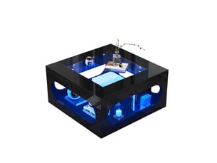 Table basse carrée 70x70x35 cm avec led, plateau en verre, design évidé au milieu, pour salon, contemporain, mdf, noir