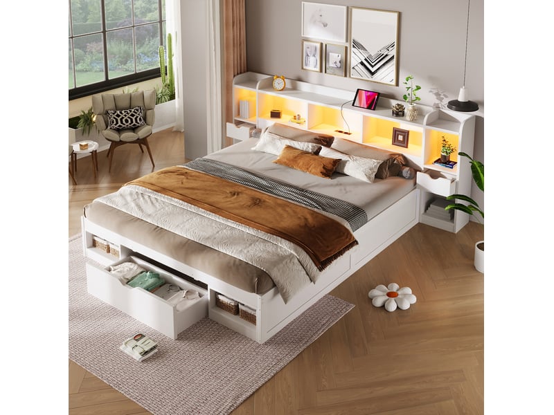  Cadre de lit plateforme 180 x 200 cm blanc avec rangements, 3 tiroirs, led et port usb  - Conforama C