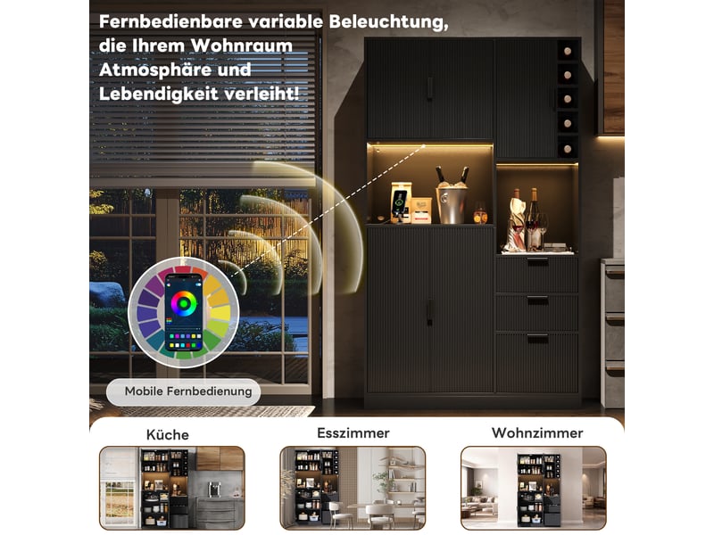 Buffet de cuisine haut avec led, prises et 3 tiroirs - étagères réglables, casier à vin mdf noir 105 × 40 × 180 cm - Conforama C