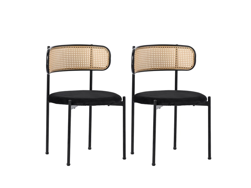  Lot de 2 chaises, dossier à rotin, assise revêtement velours, cadre métallique noir, salle à manger, style moderne  - Conforama A