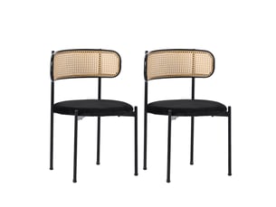 Lot de 2 chaises, dossier à rotin, assise revêtement velours, cadre métallique noir, salle à manger, style moderne