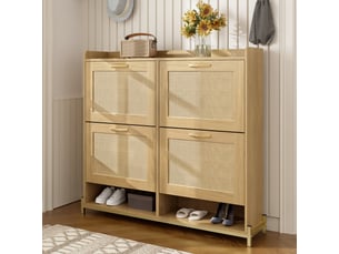 Meuble à chaussures 108,5x24x100 cm, format étroit idéal couloir, capacité 4 portes, structure robuste mdf et métal, finition chêne clair