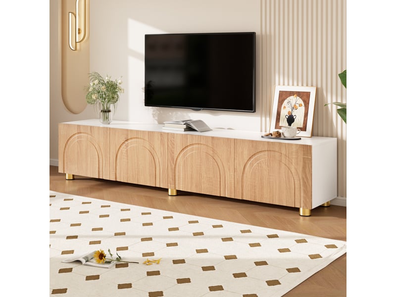  Meuble tv 180x35x40 cm - meuble bas moderne avec 4 portes, façades à relief arqué et pieds en métal  - Conforama D