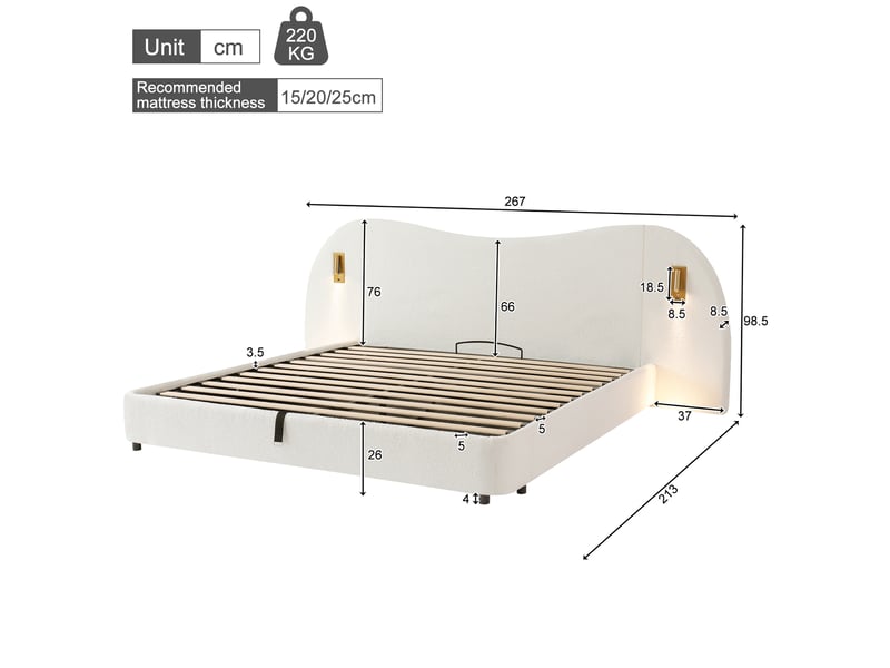  Lit double 180x200 lit coffre hydraulique tissu bouclette blanc avec port usb et liseuse  - Conforama C