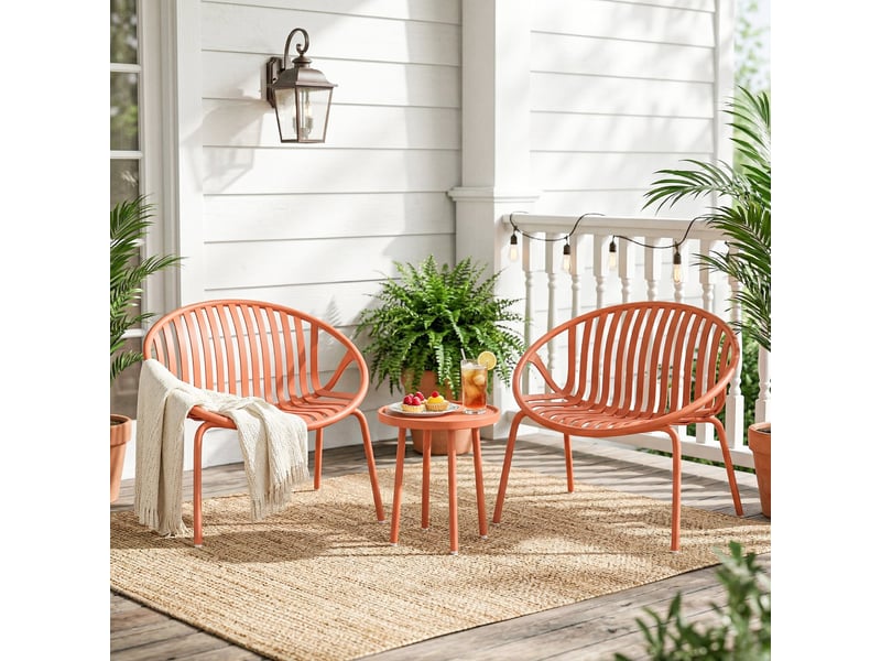 Salon de jardin ensemble bistro 3 pièces table basse à plateau concave acier et polypropylène 80x70x75cm rouge brique - Conforama C