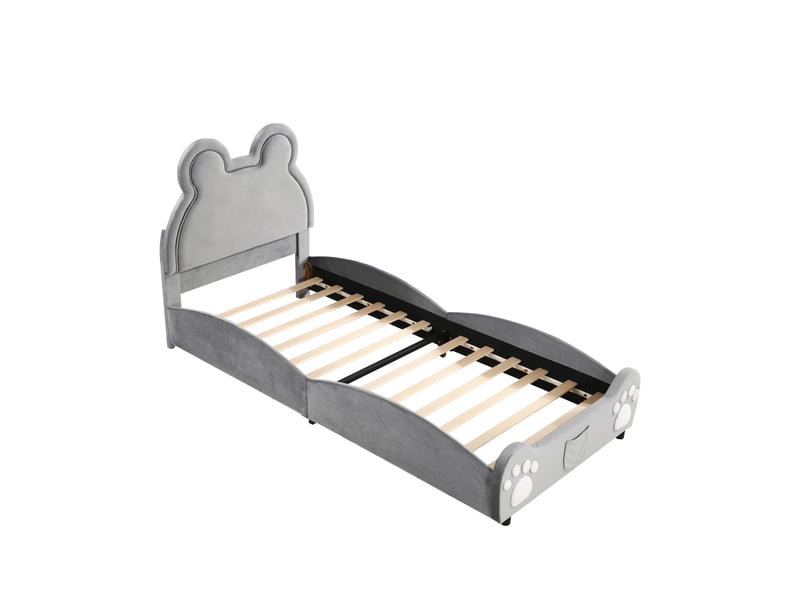  Lit enfant 90x200 cm en velours gris, tête de lit forme ours et sommier à lattes  - Conforama D