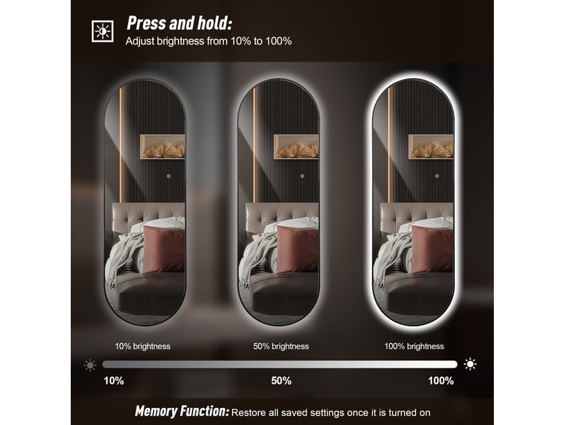  Miroir mural led 150x50 cm, cadre aluminium noir, rétro-éclairage variable, 3 temp  - Conforama W