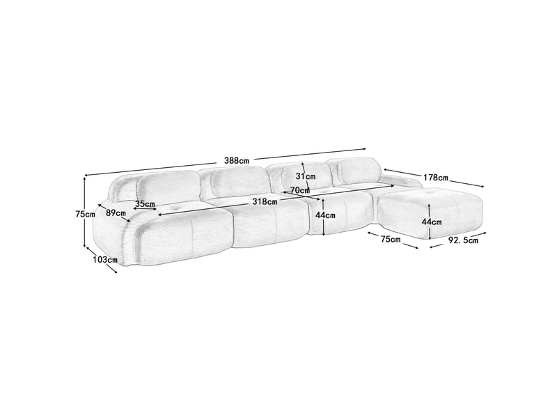  Canapé d'angle 4 places en velours côtelé vert - modulable,accoudoirs xl,ergonomique 32d hautement élastique,repose-pieds amovibles,salonbureau 388x178x75cm - Conforama E