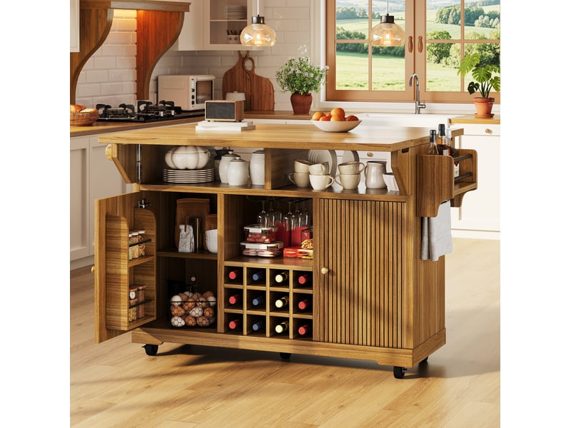 Desserte de cuisine 142,5x80x95 cm, plateau rabattable, roulettes, rangement cuisine, îlot, mdf et métal, brun foncé - Conforama B