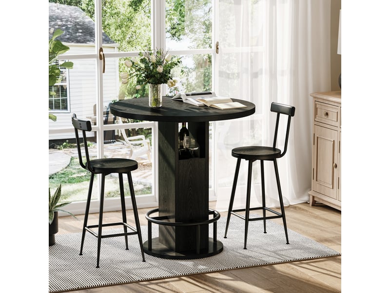  Ensemble table haute et deux tabourets, table de bar ronde noire de 80 cm avec rangement et repose-pieds en métal  - Conforama C