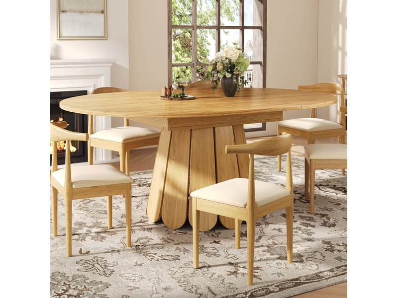  Table à manger extensible ronde en ovale 118x158 cm, panneau de fibres finition bois naturel, jusqu'à 6 personnes  - Conforama D
