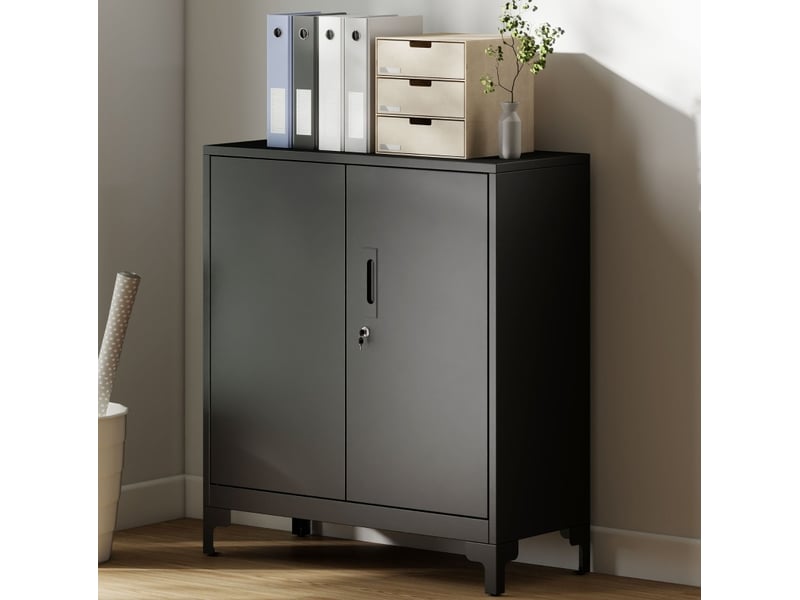  Armoire de bureau 80 x 35 x 91 cm noire en métal, 2 niveaux de rangement avec portes verrouillables  - Conforama B