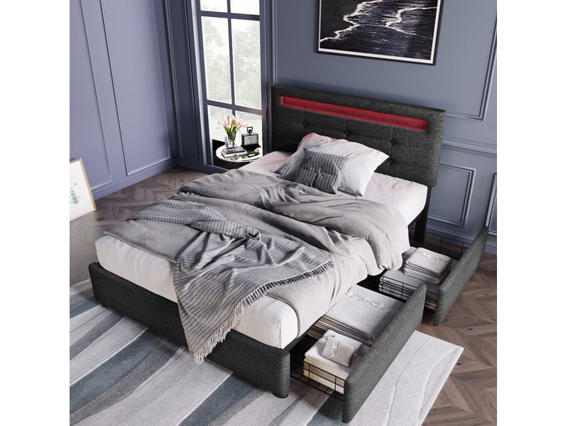  Lit simple 90x200 cm, tiroirs, lit enfant, tête réglable, boutons décoratifs, bandes, avec éclairage led incluse, tissu lin gris, sans matelas  - Conforama D