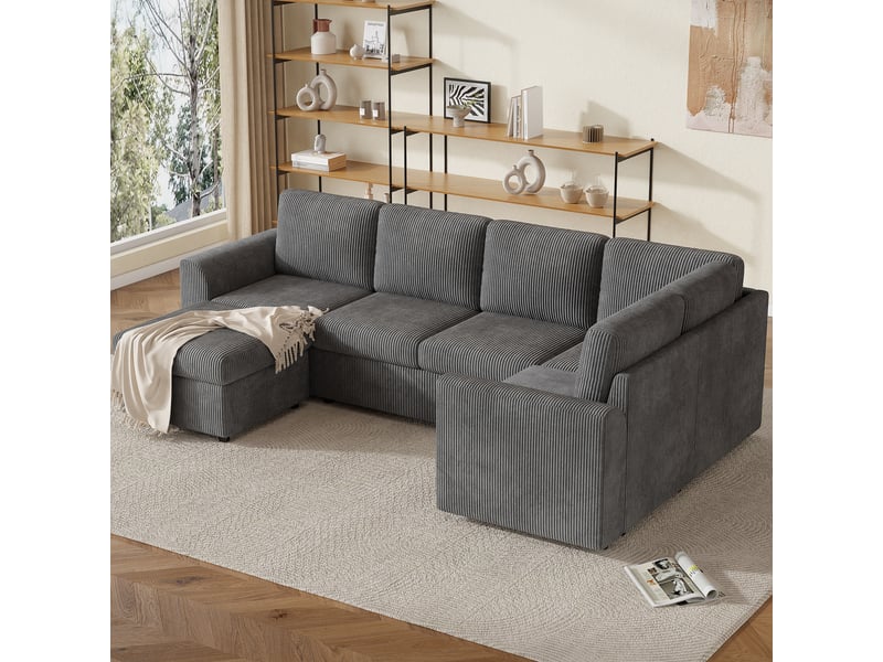  Canapé d’angle l 6 places 282x153x85 cm, avec pouf mobile, montage facile et mousse haute densité pour salon, velours côtelé, gris Bubbly - Conforama C