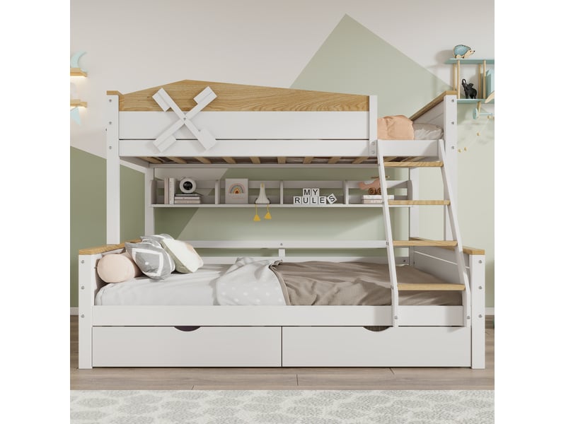  Lit superposé enfant 90x200 et 140x200 cm avec moulin à vent, blanc et naturel  - Conforama E