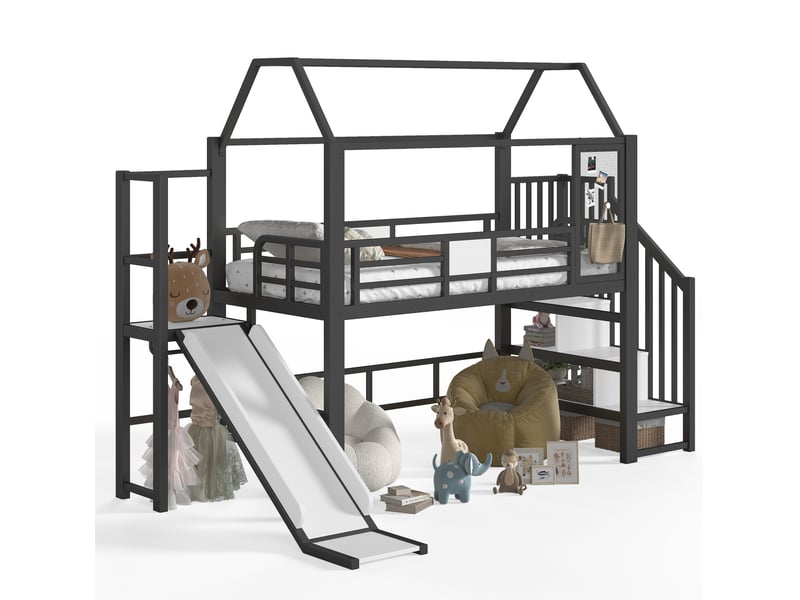  Lit mezzanine enfant 90 x 200 cm avec toboggan, escalier et led bluetooth noir  - Conforama A