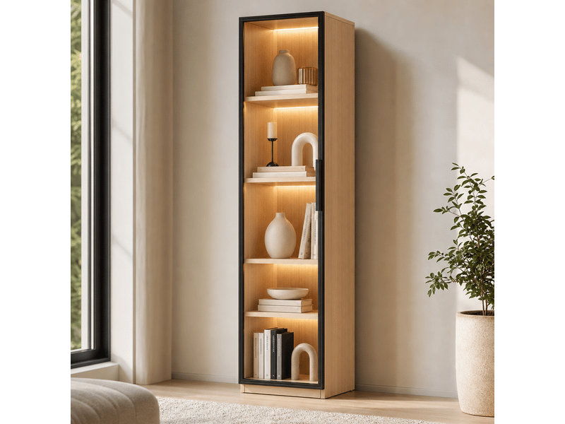  Vitrine etroite avec porte en verre 40x40x165 cm mdf effet chene led  - Conforama B