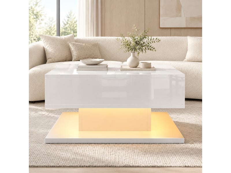  Table basse 72x72x35 cm relevable hydraulique avec led réglable, mdf et panneaux de particules, blanche  - Conforama C