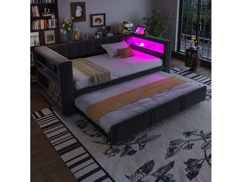 Lit gigogne 90-180x190 cm, lit 2 en 1, led, charge, tête de lit, sommier, flanelle et mdf, gris foncé, sans matelas - Conforama D