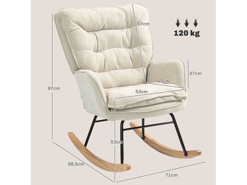  Fauteuil à bascule à accoudoirs en tissu chenille beige, fauteuil détente jusqu'à 120 kg pour chambre et salon  - Conforama E
