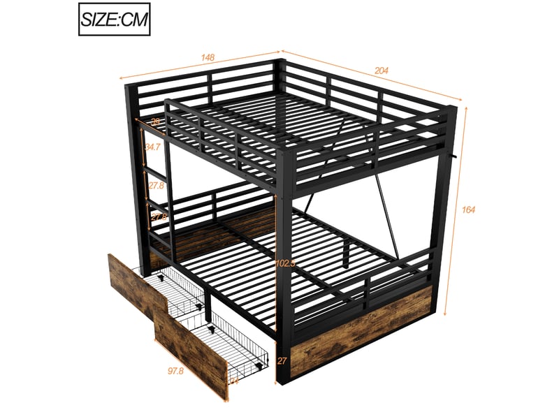  Lit superposé 4 places 140×200 cm, tiroirs et échelle - okmyhome- noir, sans matelas, métal et bois  - Conforama D