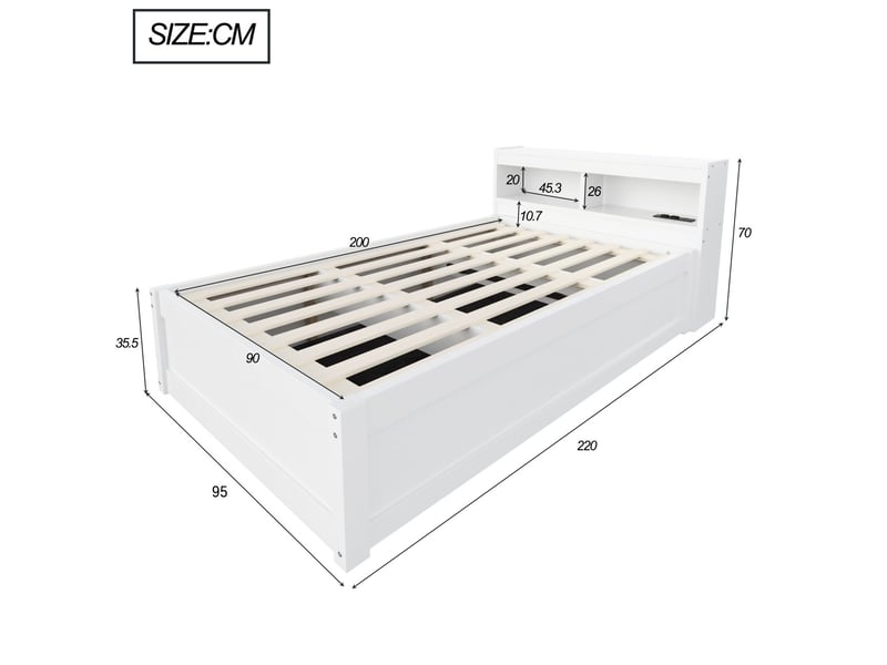  Lit rangement 90 x 200 cm plusieurs compartiments de rangement prise europeenne integree eclairage led multicolore mecanisme de lit hydraulique bois massif blanc conception multifonctionnelle  - Conforama C