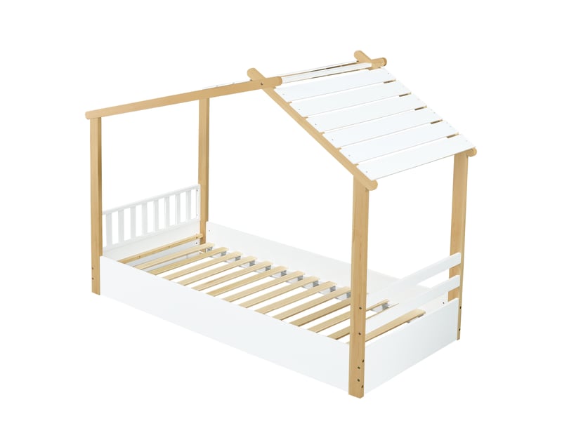  Lit cabane enfant 90x200 cm, lit maison bois avec sommier, chambre d'enfant, bois et mdf, blanc naturel, sans matelas  - Conforama E