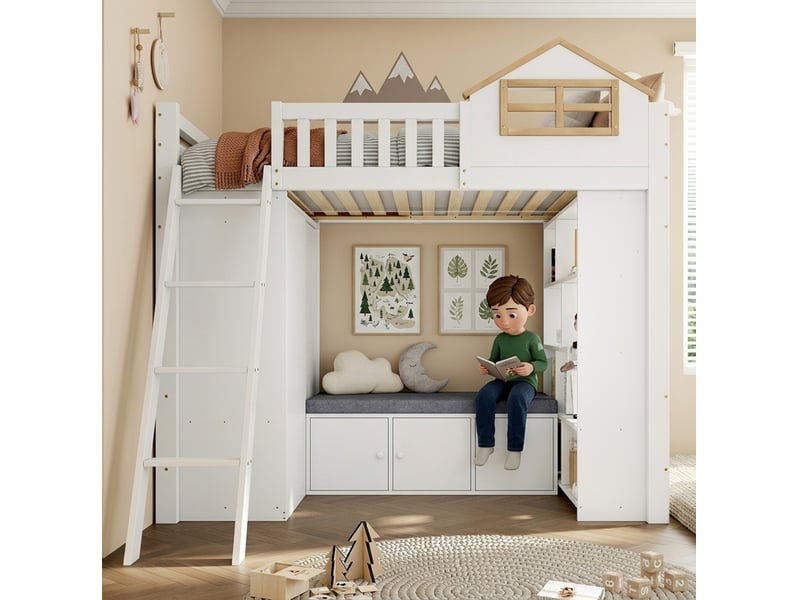  Lit mezzanine enfant 90x200 cm avec rangement blanc et naturel  - Conforama E