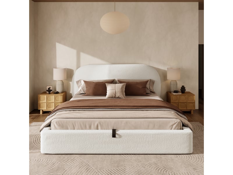  Lit coffre double 180x200 cm avec rangement hydraulique et matelas inclus, beige  - Conforama D