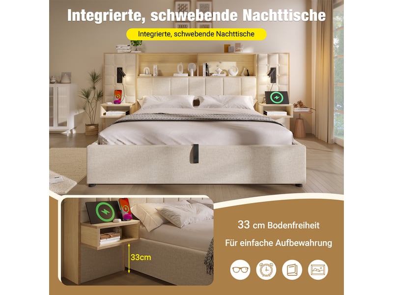  Lit coffre 180x200 capitonné beige avec tables de chevet intégrées et liseuses led  - Conforama D