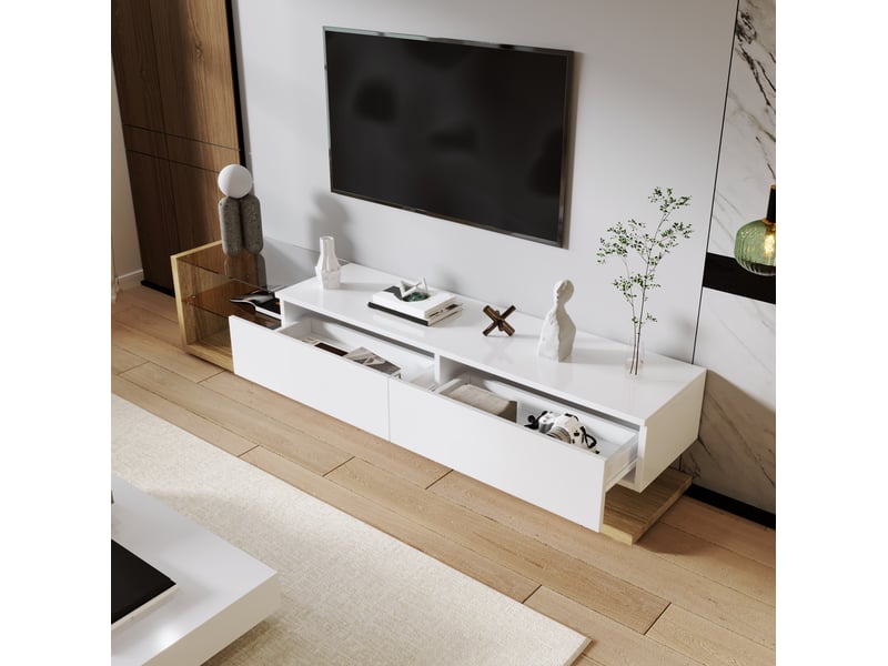  Meuble tv modenvie blanc brillant décor bois 170 x 36 x 38 cm avec led et 2 tiroirs  - Conforama D