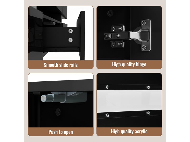  Meuble tv 160x39x45 cm avec éclairage led, 2 portes, 1 tiroir et insert acrylique à ouverture pression, panneau de particules, noir  - Conforama D