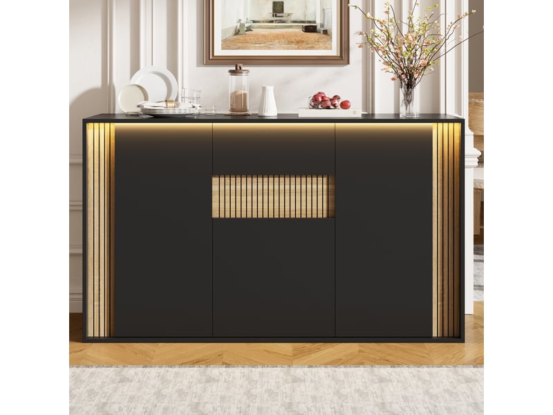  Buffet noir et bois naturel 140x40x82 cm, meuble de rangement 3 portes 1 tiroir avec led  - Conforama E