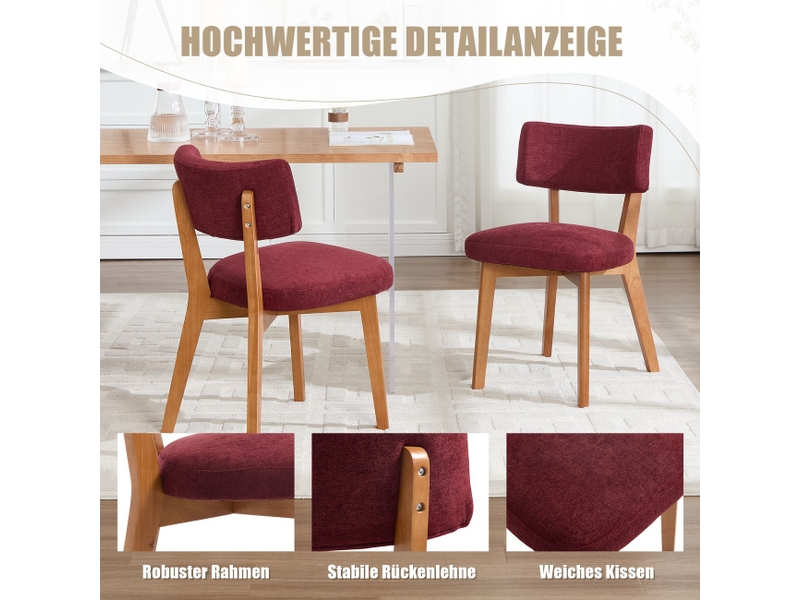  Chaise repas assise rembourrée en tissu pieds en bois massif style mid-century moderne tissu lin bordeaux  - Conforama E
