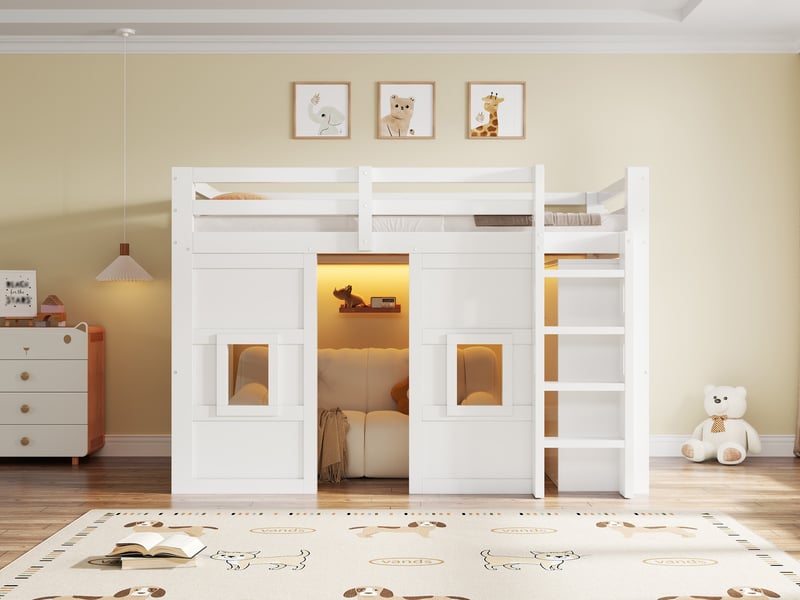  Lit mezzanine en bois, 90 x 200 cm, avec armoire intégrée, 2 fenêtres et éclairage led, blanc  - Conforama B