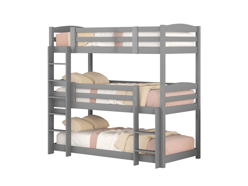  Lit superposé enfant 3 places 90×200 cm, 2 échelles et barrières  - sans matelas, pin gris  - Conforama A