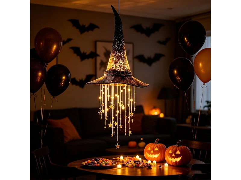  Pack de 1 décoration halloween suspendue, chapeau de sorcière lumineux led avec étoiles et carillon à vent pour porche, jardin et terrasse  - Conforama D