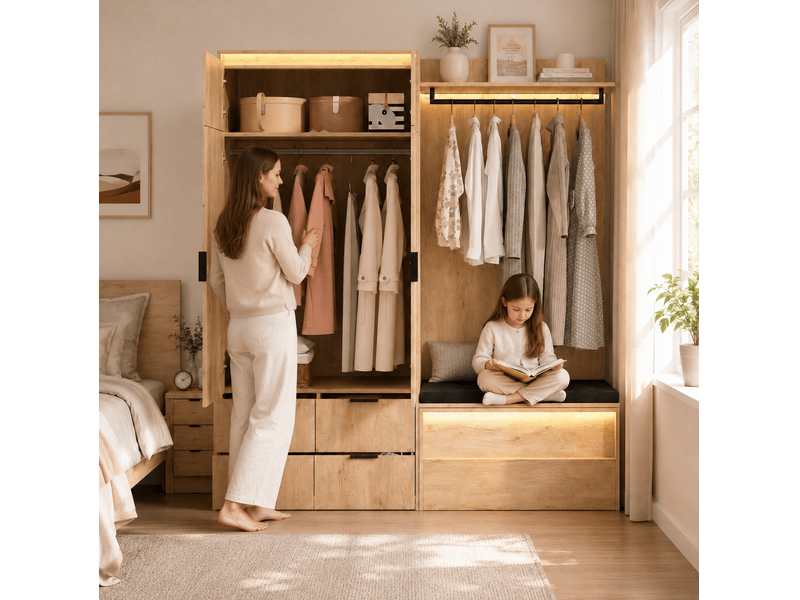  Garde-robe d'entrée 180x47x200 cm avec led, miroir, 2 tringles, 4 tiroirs mdf couleur bois  - Conforama D