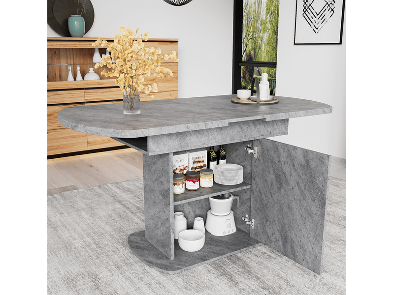  Table à manger ovale extensible 110130 x 70 x 75 cm avec rangement, gris béton  - Conforama B
