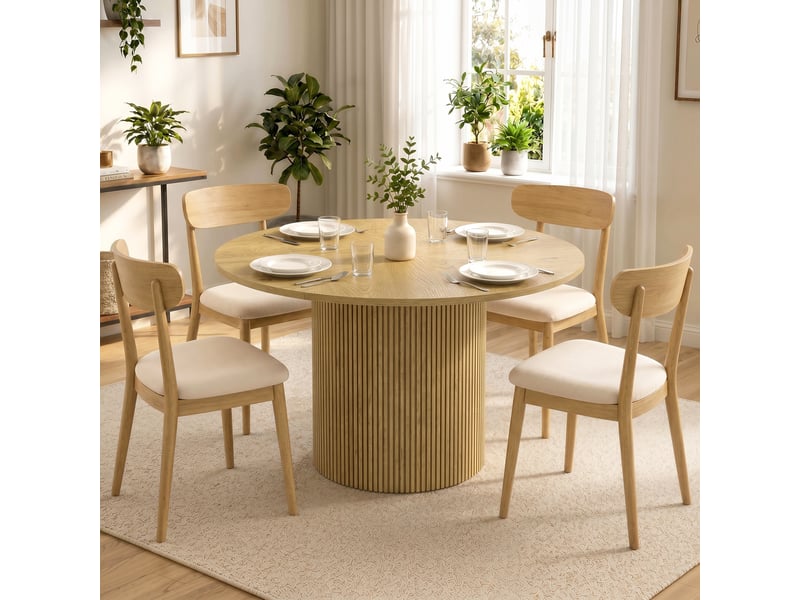 Table de salle à manger ronde moderne pour 4 à 6 personnes, table de cuisine de 110 cm avec piètement cylindrique rainuré, chêne - Conforama D